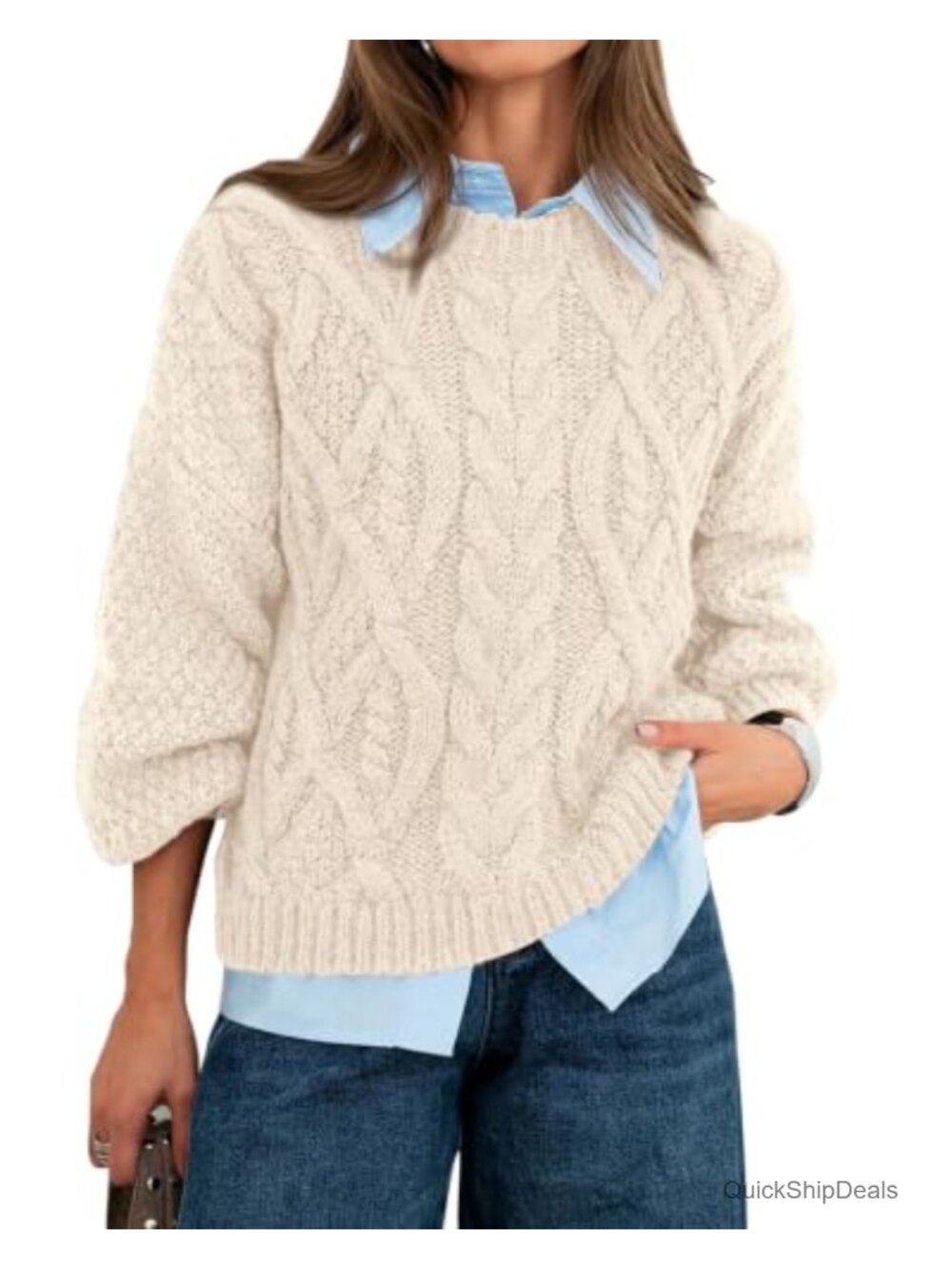 Oversized Cable Knit Crew Neck Puff Sleeve Pullover Sweater
